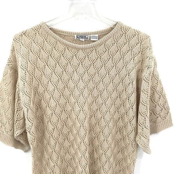 Vintage Campus Casuals‎ Pullover Sweater Womens Sz L Beige Short Sleeve Crochet - Picture 5 of 7